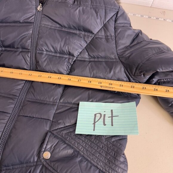 Cleo Navy Blue Long Feather Down Puffer Coat with Faux Fur Hood - Picture 13 of 15